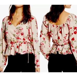 NWT Leith Pink Adobe Taupe Pink Red Floral Print Bell Sleeve Ruffle Wrap Top S